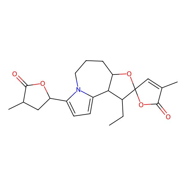 2D Structure of 3-Ethyl-3'-methyl-11-(4-methyl-5-oxooxolan-2-yl)spiro[5-oxa-10-azatricyclo[8.3.0.02,6]trideca-1(13),11-diene-4,5'-furan]-2'-one