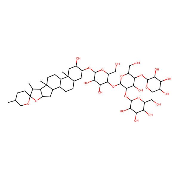 2D Structure of (2S,3R,4S,5R,6R)-2-[(2S,3R,4S,5S,6R)-2-[(2R,3R,4R,5R,6R)-4,5-dihydroxy-2-(hydroxymethyl)-6-[(1R,2S,4S,5'R,6R,7S,8R,9S,12S,13S,15R,16R,18S)-15-hydroxy-5',7,9,13-tetramethylspiro[5-oxapentacyclo[10.8.0.02,9.04,8.013,18]icosane-6,2'-oxane]-16-yl]oxyoxan-3-yl]oxy-4-hydroxy-6-(hydroxymethyl)-5-[(2S,3R,4S,5R)-3,4,5-trihydroxyoxan-2-yl]oxyoxan-3-yl]oxy-6-(hydroxymethyl)oxane-3,4,5-triol