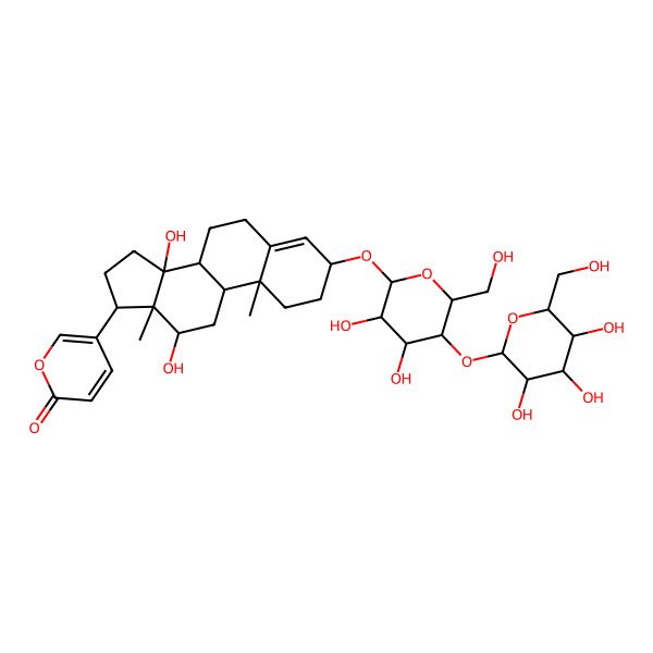 2D Structure of 5-[(3S,8R,9S,10R,12S,13S,14S,17R)-3-[(2S,3R,4S,5S,6R)-3,4-dihydroxy-6-(hydroxymethyl)-5-[(2S,3R,4S,5S,6R)-3,4,5-trihydroxy-6-(hydroxymethyl)oxan-2-yl]oxyoxan-2-yl]oxy-12,14-dihydroxy-10,13-dimethyl-1,2,3,6,7,8,9,11,12,15,16,17-dodecahydrocyclopenta[a]phenanthren-17-yl]pyran-2-one