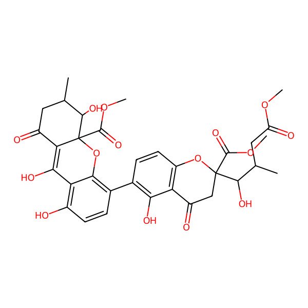 2D Structure of methyl 4,8,9-trihydroxy-5-[5-hydroxy-2-(1-hydroxy-4-methoxy-2-methyl-4-oxobutyl)-2-methoxycarbonyl-4-oxo-3H-chromen-6-yl]-3-methyl-1-oxo-3,4-dihydro-2H-xanthene-4a-carboxylate