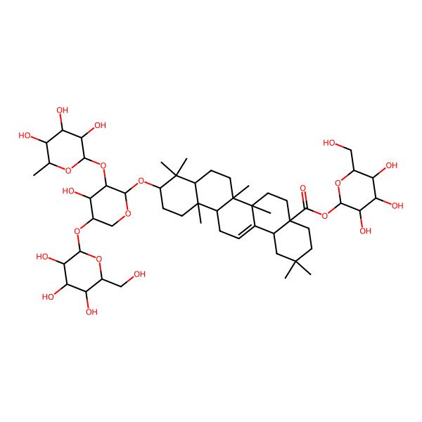 2D Structure of [(2S,3R,4S,5S,6R)-3,4,5-trihydroxy-6-(hydroxymethyl)oxan-2-yl] (4aS,6aR,6aS,6bR,8aR,10S,12aR,14bS)-10-[(2S,3R,4S,5S)-4-hydroxy-5-[(2S,3R,4S,5S,6R)-3,4,5-trihydroxy-6-(hydroxymethyl)oxan-2-yl]oxy-3-[(2S,3R,4R,5R,6S)-3,4,5-trihydroxy-6-methyloxan-2-yl]oxyoxan-2-yl]oxy-2,2,6a,6b,9,9,12a-heptamethyl-1,3,4,5,6,6a,7,8,8a,10,11,12,13,14b-tetradecahydropicene-4a-carboxylate