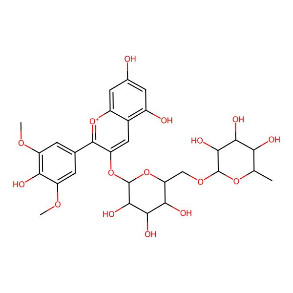 2D Structure of (2R,3R,4S,5R,6S)-2-[[(2R,3S,4S,5R,6S)-6-[5,7-dihydroxy-2-(4-hydroxy-3,5-dimethoxyphenyl)chromenylium-3-yl]oxy-3,4,5-trihydroxyoxan-2-yl]methoxy]-6-methyloxane-3,4,5-triol
