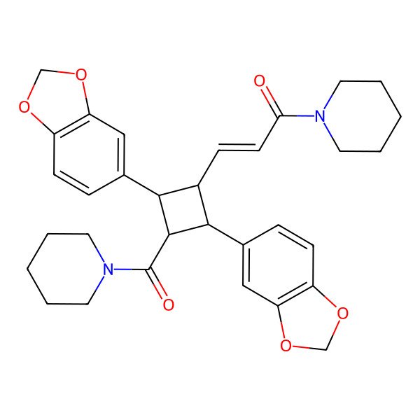 2D Structure of 3-[2,4-Bis(1,3-benzodioxol-5-yl)-3-(piperidine-1-carbonyl)cyclobutyl]-1-piperidin-1-ylprop-2-en-1-one