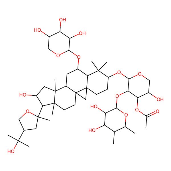 2D Structure of [(2S,3R,4S,5R)-3-[(2S,3R,4R,5R,6S)-3,4-dihydroxy-5,6-dimethyloxan-2-yl]oxy-5-hydroxy-2-[[(1S,3R,6S,8R,9S,11S,12S,14S,15R,16R)-14-hydroxy-15-[(2R,4S)-4-(2-hydroxypropan-2-yl)-2-methyloxolan-2-yl]-7,7,12,16-tetramethyl-9-[(2S,3R,4S,5R)-3,4,5-trihydroxyoxan-2-yl]oxy-6-pentacyclo[9.7.0.01,3.03,8.012,16]octadecanyl]oxy]oxan-4-yl] acetate