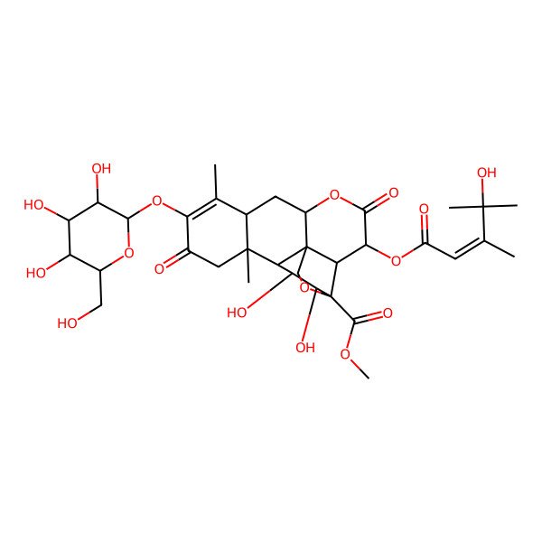 2D Structure of methyl (1R,2S,3R,6R,8S,13S,14R,15R,16S,17S)-15,16-dihydroxy-3-[(E)-4-hydroxy-3,4-dimethylpent-2-enoyl]oxy-9,13-dimethyl-4,11-dioxo-10-[(2S,3R,4S,5S,6R)-3,4,5-trihydroxy-6-(hydroxymethyl)oxan-2-yl]oxy-5,18-dioxapentacyclo[12.5.0.01,6.02,17.08,13]nonadec-9-ene-17-carboxylate