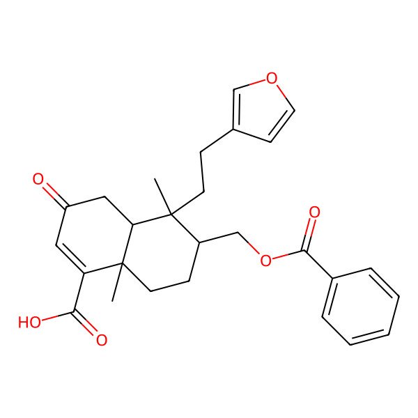 2D Structure of (4aS,5S,6S,8aS)-6-(benzoyloxymethyl)-5-[2-(furan-3-yl)ethyl]-5,8a-dimethyl-3-oxo-4a,6,7,8-tetrahydro-4H-naphthalene-1-carboxylic acid