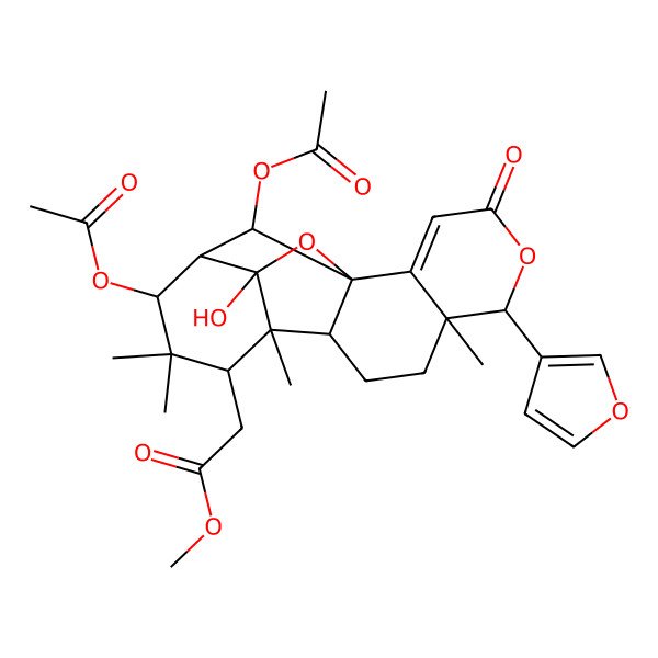 2D Structure of methyl 2-[(1R,6R,7R,10R,11S,12S,14R,15S,16S,18R)-14,18-diacetyloxy-6-(furan-3-yl)-16-hydroxy-7,11,13,13-tetramethyl-4-oxo-5,17-dioxapentacyclo[13.2.1.01,10.02,7.011,16]octadec-2-en-12-yl]acetate