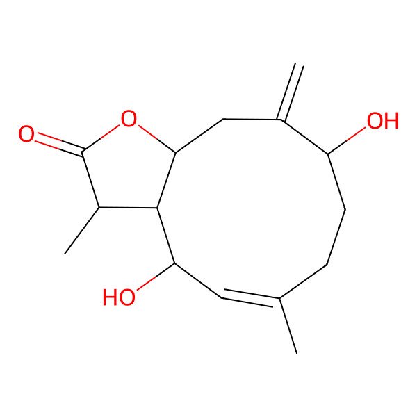 2D Structure of (3R,3aS,4S,5E,9R,11aS)-4,9-dihydroxy-3,6-dimethyl-10-methylidene-3,3a,4,7,8,9,11,11a-octahydrocyclodeca[b]furan-2-one