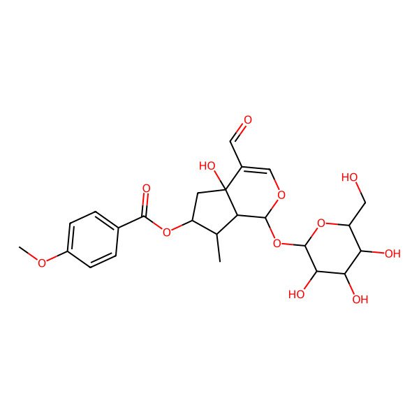 2D Structure of [4-formyl-4a-hydroxy-7-methyl-1-[3,4,5-trihydroxy-6-(hydroxymethyl)oxan-2-yl]oxy-5,6,7,7a-tetrahydro-1H-cyclopenta[c]pyran-6-yl] 4-methoxybenzoate