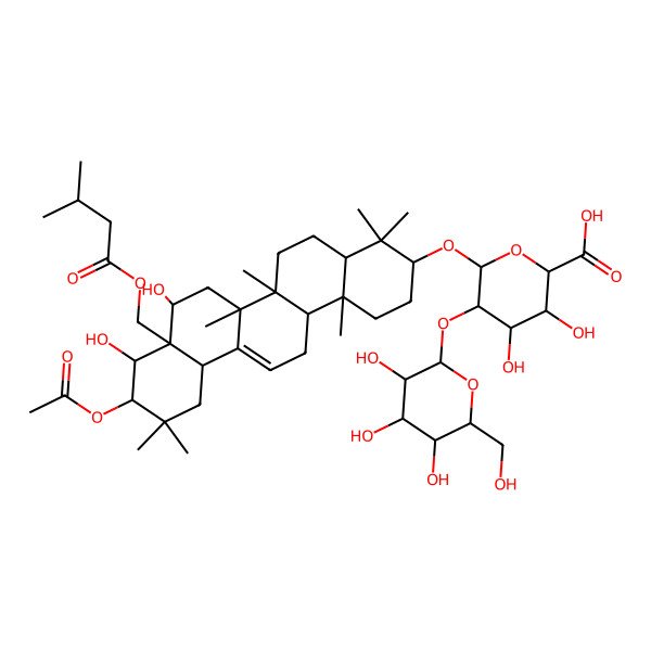2D Structure of (2S,3S,4S,5R,6R)-6-[[(3S,4aR,6aR,6bS,8R,8aR,9R,10R,12aS,14aR,14bR)-10-acetyloxy-8,9-dihydroxy-4,4,6a,6b,11,11,14b-heptamethyl-8a-(3-methylbutanoyloxymethyl)-1,2,3,4a,5,6,7,8,9,10,12,12a,14,14a-tetradecahydropicen-3-yl]oxy]-3,4-dihydroxy-5-[(2S,3R,4S,5R,6R)-3,4,5-trihydroxy-6-(hydroxymethyl)oxan-2-yl]oxyoxane-2-carboxylic acid