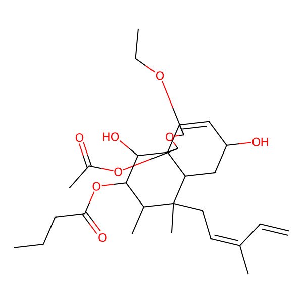 2D Structure of [(1S,3R,5R,6aS,7S,8S,9R,10R,10aS)-1-acetyloxy-3-ethoxy-5,10-dihydroxy-7,8-dimethyl-7-[(2E)-3-methylpenta-2,4-dienyl]-1,3,5,6,6a,8,9,10-octahydrobenzo[d][2]benzofuran-9-yl] butanoate