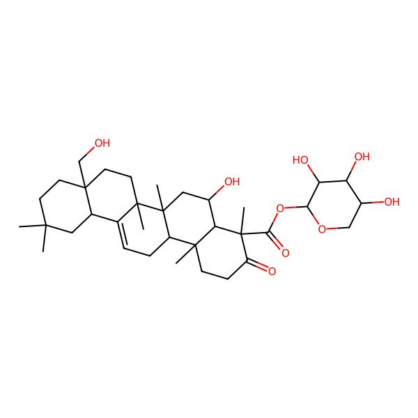 2D Structure of [(2R,3S,4S,5S)-3,4,5-trihydroxyoxan-2-yl] (4S,4aR,5R,6aR,6bS,8aS,12aS,14aR,14bR)-5-hydroxy-8a-(hydroxymethyl)-4,6a,6b,11,11,14b-hexamethyl-3-oxo-2,4a,5,6,7,8,9,10,12,12a,14,14a-dodecahydro-1H-picene-4-carboxylate