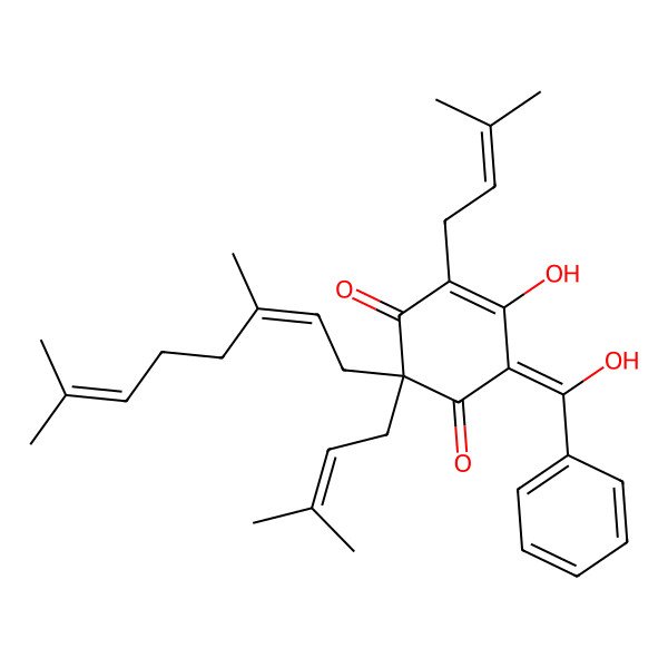 2D Structure of (2R)-2-[(2E)-3,7-dimethylocta-2,6-dienyl]-5-hydroxy-6-[hydroxy(phenyl)methylidene]-2,4-bis(3-methylbut-2-enyl)cyclohex-4-ene-1,3-dione