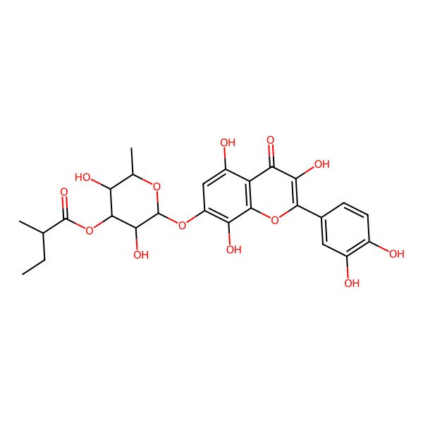 2D Structure of [(2S,3R,4R,5S,6S)-2-[2-(3,4-dihydroxyphenyl)-3,5,8-trihydroxy-4-oxochromen-7-yl]oxy-3,5-dihydroxy-6-methyloxan-4-yl] (2S)-2-methylbutanoate