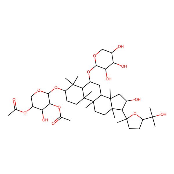 2D Structure of [(3R,4S,5R,6S)-5-acetyloxy-4-hydroxy-6-[[(3S,5R,6S,8R,9R,10S,13R,14S,16S,17R)-16-hydroxy-17-[(2R,5S)-5-(2-hydroxypropan-2-yl)-2-methyloxolan-2-yl]-4,4,9,10,13,14-hexamethyl-6-[(2S,3R,4S,5R)-3,4,5-trihydroxyoxan-2-yl]oxy-1,2,3,5,6,7,8,11,12,15,16,17-dodecahydrocyclopenta[a]phenanthren-3-yl]oxy]oxan-3-yl] acetate