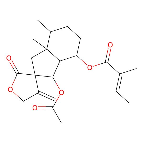 2D Structure of (3-acetyloxy-7,7a-dimethyl-4'-methylidene-2'-oxospiro[3,3a,4,5,6,7-hexahydro-1H-indene-2,3'-oxolane]-4-yl) 2-methylbut-2-enoate