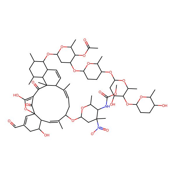 2D Structure of [(2S,3S,4R,6R)-6-[[(5S,6R,7E,9S,11Z,13S,16S,17S,18S,20S,21R,22S)-3-formyl-5,25-dihydroxy-9-[(2R,4S,5R,6R)-5-(methoxycarbonylamino)-4,6-dimethyl-4-nitrooxan-2-yl]oxy-8,12,18,20,22-pentamethyl-23,27-dioxo-26-oxapentacyclo[22.2.1.01,6.013,22.016,21]heptacosa-2,7,11,14,24-pentaen-17-yl]oxy]-4-[(2S,5R,6S)-5-[(2S,4R,5R,6S)-4-hydroxy-5-[(2S,5R,6S)-5-hydroxy-6-methyloxan-2-yl]oxy-6-methyloxan-2-yl]oxy-6-methyloxan-2-yl]oxy-2-methyloxan-3-yl] acetate