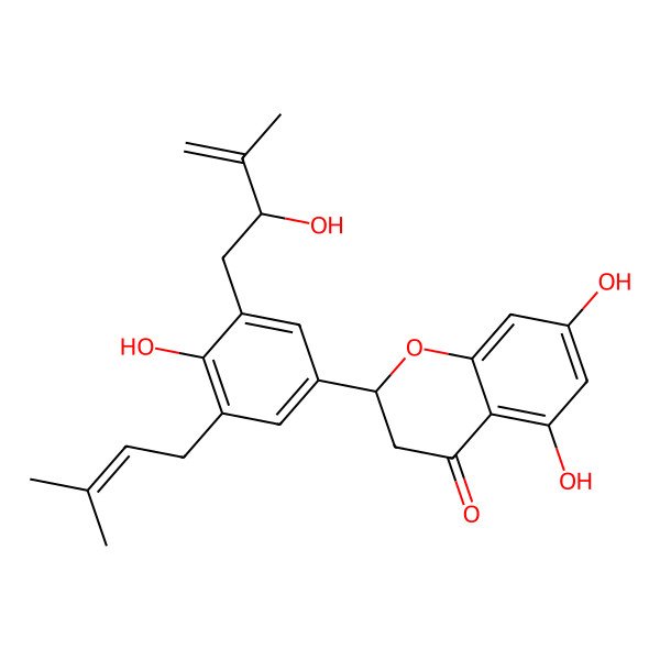 2D Structure of (2S)-5,7-dihydroxy-2-[4-hydroxy-3-[(2R)-2-hydroxy-3-methylbut-3-enyl]-5-(3-methylbut-2-enyl)phenyl]-2,3-dihydrochromen-4-one