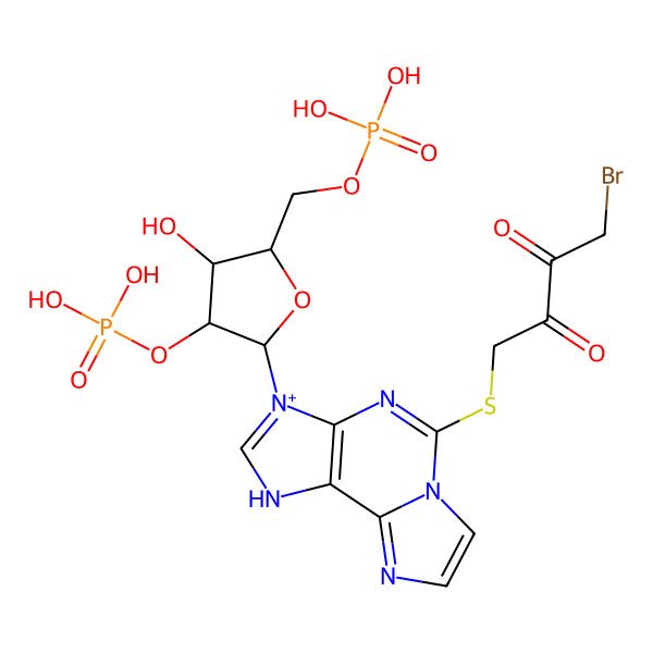 2D Structure of [(3R,4R,5R)-2-[5-(4-Bromo-2,3-dioxobutyl)sulfanyl-1H-imidazo[2,1-f]purin-3-ium-3-yl]-4-hydroxy-5-(phosphonooxymethyl)oxolan-3-yl] dihydrogen phosphate