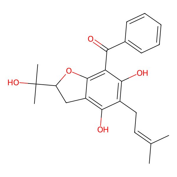2D Structure of [(2R)-4,6-dihydroxy-2-(2-hydroxypropan-2-yl)-5-(3-methylbut-2-enyl)-2,3-dihydro-1-benzofuran-7-yl]-phenylmethanone