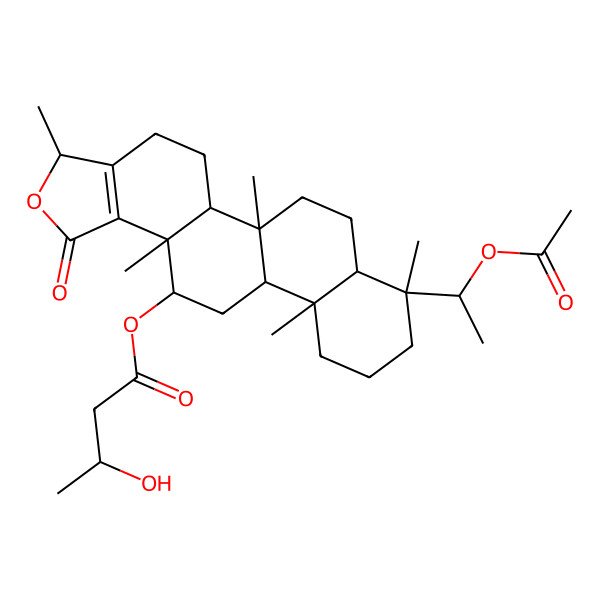 2D Structure of [(3R,5aS,5bR,7aR,8S,11aR,11bR,13S,13aS)-8-(1-acetyloxyethyl)-3,5b,8,11a,13a-pentamethyl-1-oxo-4,5,5a,6,7,7a,9,10,11,11b,12,13-dodecahydro-3H-phenanthro[2,1-e][2]benzofuran-13-yl] 3-hydroxybutanoate