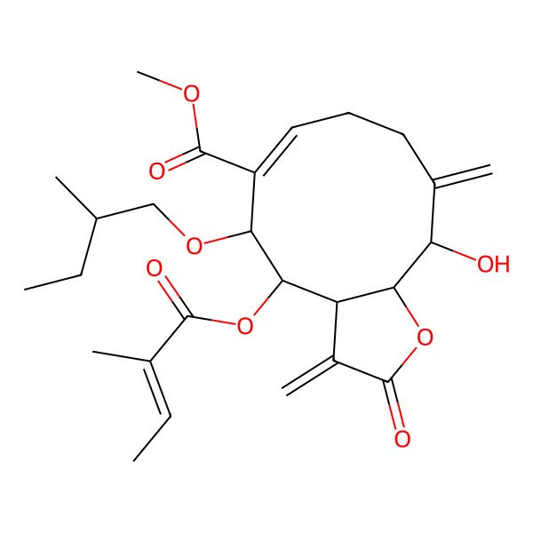 2D Structure of methyl (3aS,4S,5S,6E,11S,11aS)-11-hydroxy-4-[(Z)-2-methylbut-2-enoyl]oxy-5-[(2S)-2-methylbutoxy]-3,10-dimethylidene-2-oxo-4,5,8,9,11,11a-hexahydro-3aH-cyclodeca[b]furan-6-carboxylate
