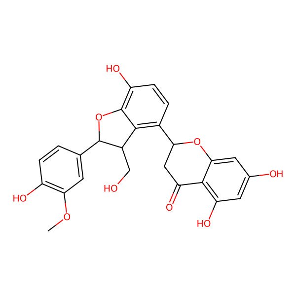 2D Structure of (2R)-5,7-dihydroxy-2-[(2S,3S)-7-hydroxy-2-(4-hydroxy-3-methoxyphenyl)-3-(hydroxymethyl)-2,3-dihydro-1-benzofuran-4-yl]-2,3-dihydrochromen-4-one
