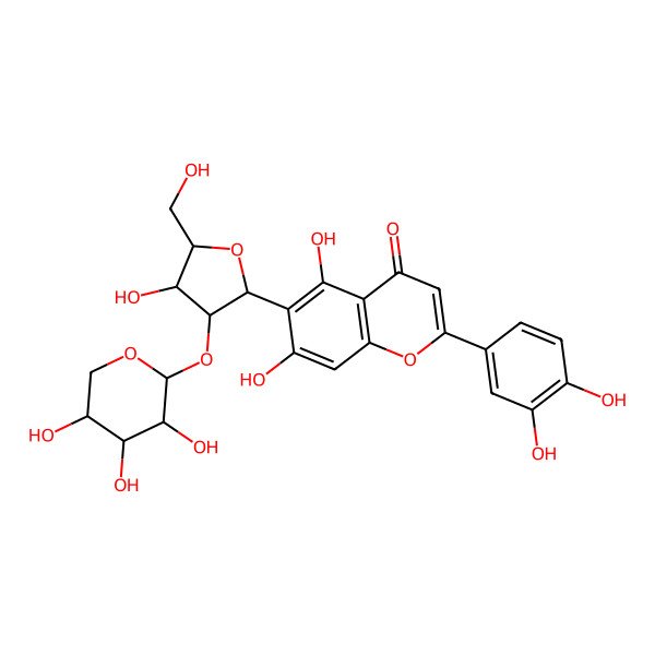 2D Structure of 2-(3,4-dihydroxyphenyl)-5,7-dihydroxy-6-[(2R,3S,4R,5R)-4-hydroxy-5-(hydroxymethyl)-3-[(2S,3R,4S,5R)-3,4,5-trihydroxyoxan-2-yl]oxyoxolan-2-yl]chromen-4-one