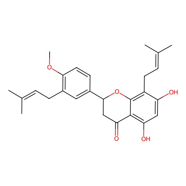 2D Structure of (2S)-5,7-dihydroxy-2-[4-methoxy-3-(3-methylbut-2-enyl)phenyl]-8-(3-methylbut-2-enyl)-2,3-dihydrochromen-4-one