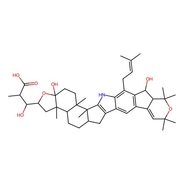 2D Structure of 3-[6,26-Dihydroxy-2,3,10,22,22,24,24-heptamethyl-28-(3-methylbut-2-enyl)-7,23-dioxa-30-azaoctacyclo[14.14.0.02,14.03,11.06,10.017,29.019,27.020,25]triaconta-1(16),17,19(27),20,28-pentaen-8-yl]-3-hydroxy-2-methylpropanoic acid