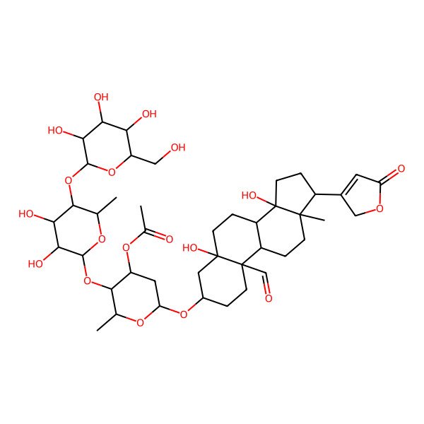 2D Structure of [(2R,3R,4S,6R)-3-[(2S,3R,4R,5R,6S)-3,4-dihydroxy-6-methyl-5-[(2R,3R,4S,5S,6R)-3,4,5-trihydroxy-6-(hydroxymethyl)oxan-2-yl]oxyoxan-2-yl]oxy-6-[[(3S,5S,8R,9S,10S,13R,14S,17R)-10-formyl-5,14-dihydroxy-13-methyl-17-(5-oxo-2H-furan-3-yl)-2,3,4,6,7,8,9,11,12,15,16,17-dodecahydro-1H-cyclopenta[a]phenanthren-3-yl]oxy]-2-methyloxan-4-yl] acetate