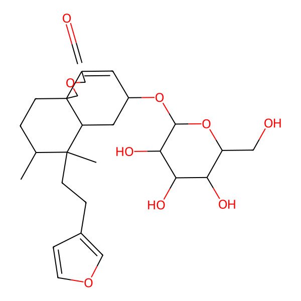 2D Structure of 7-[2-(furan-3-yl)ethyl]-7,8-dimethyl-5-[3,4,5-trihydroxy-6-(hydroxymethyl)oxan-2-yl]oxy-5,6,6a,8,9,10-hexahydro-1H-benzo[d][2]benzofuran-3-one