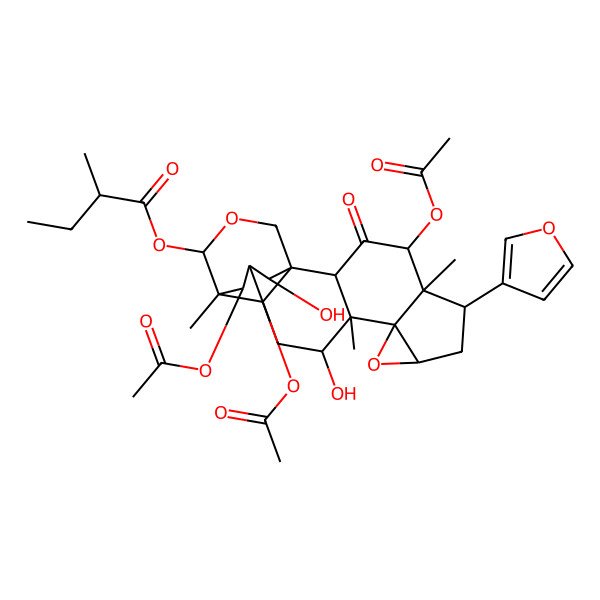 2D Structure of [(1S,2R,4R,5R,6S,8R,10S,11S,12R,14R,15R,16S,19R,20R,21S)-4,20,21-triacetyloxy-6-(furan-3-yl)-12,19-dihydroxy-5,11,15-trimethyl-3-oxo-9,17-dioxahexacyclo[13.3.3.01,14.02,11.05,10.08,10]henicosan-16-yl] (2R)-2-methylbutanoate