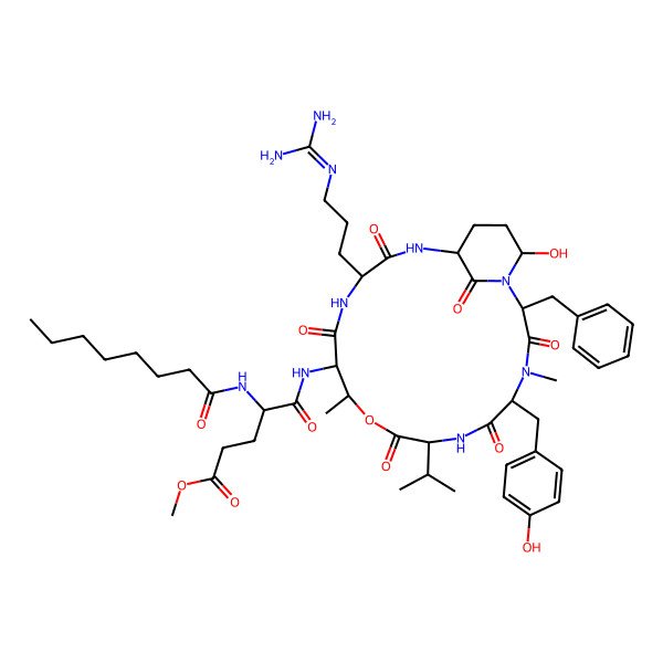 2D Structure of Methyl 5-[[2-benzyl-15-[3-(diaminomethylideneamino)propyl]-21-hydroxy-5-[(4-hydroxyphenyl)methyl]-4,11-dimethyl-3,6,9,13,16,22-hexaoxo-8-propan-2-yl-10-oxa-1,4,7,14,17-pentazabicyclo[16.3.1]docosan-12-yl]amino]-4-(octanoylamino)-5-oxopentanoate
