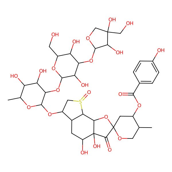 2D Structure of [(2S,3aR,4S,4'S,5'R,5aR,6R,8R,8aS,8bS)-6-[(2S,3R,4S,5S,6R)-3-[(2S,3R,4S,5R,6R)-4-[(2S,3R,4R)-3,4-dihydroxy-4-(hydroxymethyl)oxolan-2-yl]oxy-3,5-dihydroxy-6-(hydroxymethyl)oxan-2-yl]oxy-4,5-dihydroxy-6-methyloxan-2-yl]oxy-3a,4-dihydroxy-5'-methyl-3,8-dioxospiro[5,5a,6,7,8a,8b-hexahydro-4H-thieno[3,2-g][1]benzofuran-2,2'-oxane]-4'-yl] 4-hydroxybenzoate