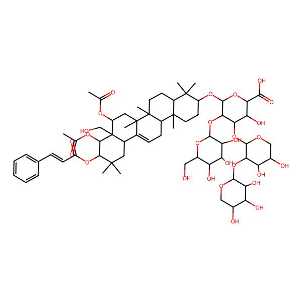 2D Structure of (2S,3S,4S,5R,6S)-6-[[(3S,4aR,6aR,6bS,8R,8aR,9R,10R,12aS,14aR,14bR)-8,9-diacetyloxy-8a-(hydroxymethyl)-4,4,6a,6b,11,11,14b-heptamethyl-10-[(E)-3-phenylprop-2-enoyl]oxy-1,2,3,4a,5,6,7,8,9,10,12,12a,14,14a-tetradecahydropicen-3-yl]oxy]-4-[(2S,3R,4S,5S)-4,5-dihydroxy-3-[(2S,3R,4S,5R)-3,4,5-trihydroxyoxan-2-yl]oxyoxan-2-yl]oxy-3-hydroxy-5-[(2S,3R,4S,5R,6R)-3,4,5-trihydroxy-6-(hydroxymethyl)oxan-2-yl]oxyoxane-2-carboxylic acid