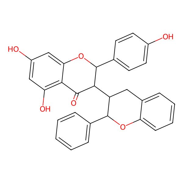 2D Structure of (2R,3S)-5,7-dihydroxy-2-(4-hydroxyphenyl)-3-[(2S,3R)-2-phenyl-3,4-dihydro-2H-chromen-3-yl]-2,3-dihydrochromen-4-one
