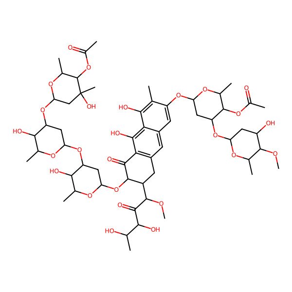 2D Structure of [(2R,3S,4R,6S)-6-[[(6S)-6-[(2S,4R,5R,6R)-4-[(2S,4R,5R,6R)-4-[(2S,4S,5S,6S)-5-acetyloxy-4-hydroxy-4,6-dimethyloxan-2-yl]oxy-5-hydroxy-6-methyloxan-2-yl]oxy-5-hydroxy-6-methyloxan-2-yl]oxy-7-[(1S,3S,4R)-3,4-dihydroxy-1-methoxy-2-oxopentyl]-4,10-dihydroxy-3-methyl-5-oxo-7,8-dihydro-6H-anthracen-2-yl]oxy]-4-[(2R,4R,5R,6R)-4-hydroxy-5-methoxy-6-methyloxan-2-yl]oxy-2-methyloxan-3-yl] acetate