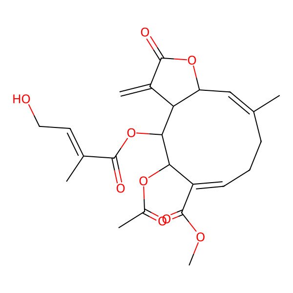 2D Structure of methyl (3aS,4S,5S,6E,10E,11aR)-5-acetyloxy-4-[(E)-4-hydroxy-2-methylbut-2-enoyl]oxy-10-methyl-3-methylidene-2-oxo-3a,4,5,8,9,11a-hexahydrocyclodeca[b]furan-6-carboxylate