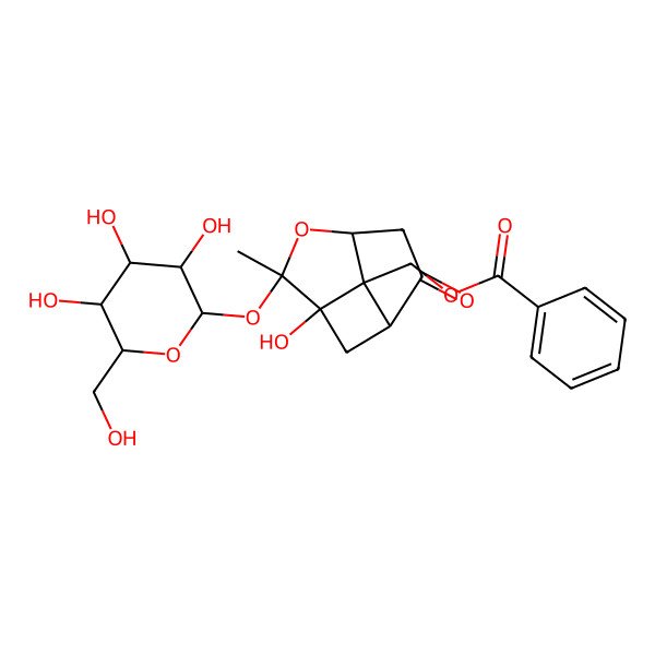 2D Structure of [3-hydroxy-4-methyl-8-oxo-4-[(2S,3R,4S,5S,6R)-3,4,5-trihydroxy-6-(hydroxymethyl)oxan-2-yl]oxy-5-oxatricyclo[4.2.1.03,9]nonan-9-yl]methyl benzoate