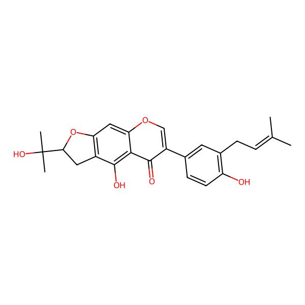 2D Structure of (2S)-4-hydroxy-6-[4-hydroxy-3-(3-methylbut-2-enyl)phenyl]-2-(2-hydroxypropan-2-yl)-2,3-dihydrofuro[3,2-g]chromen-5-one