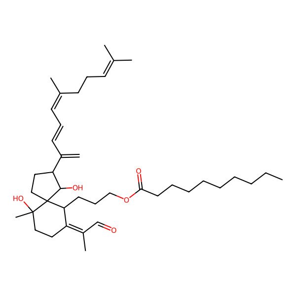 2D Structure of 3-[3-(6,10-Dimethylundeca-1,3,5,9-tetraen-2-yl)-4,10-dihydroxy-10-methyl-7-(1-oxopropan-2-ylidene)spiro[4.5]decan-6-yl]propyl decanoate