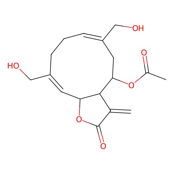 2D Structure of [(3aR,4S,6Z,10Z,11aR)-6,10-bis(hydroxymethyl)-3-methylidene-2-oxo-3a,4,5,8,9,11a-hexahydrocyclodeca[b]furan-4-yl] acetate