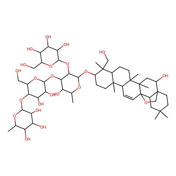 2D Structure of (2S,3R,4R,5R,6S)-2-[(2R,3S,4R,5R,6S)-4,5-dihydroxy-6-[(2R,3R,4S,5S,6R)-5-hydroxy-2-[[(1S,2S,4S,5R,8R,9R,10S,13S,14R,17S,18S)-2-hydroxy-9-(hydroxymethyl)-4,5,9,13,20,20-hexamethyl-24-oxahexacyclo[15.5.2.01,18.04,17.05,14.08,13]tetracos-15-en-10-yl]oxy]-6-methyl-3-[(2S,3R,4S,5S,6R)-3,4,5-trihydroxy-6-(hydroxymethyl)oxan-2-yl]oxyoxan-4-yl]oxy-2-(hydroxymethyl)oxan-3-yl]oxy-6-methyloxane-3,4,5-triol