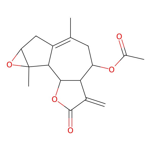 2D Structure of (9,14-Dimethyl-5-methylidene-4-oxo-3,13-dioxatetracyclo[8.4.0.02,6.012,14]tetradec-9-en-7-yl) acetate