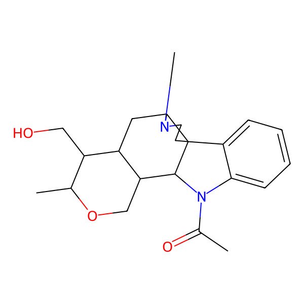 2D Structure of 1-[(1R,5S,7S,8R,9R,12R,13S)-8-(hydroxymethyl)-4,9-dimethyl-10-oxa-4,14-diazapentacyclo[11.7.0.01,5.07,12.015,20]icosa-15,17,19-trien-14-yl]ethanone