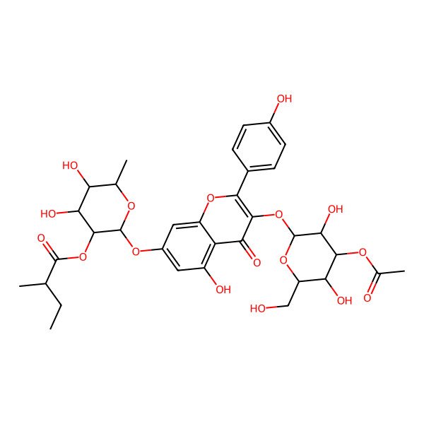 2D Structure of [(2S,3R,4R,5R,6S)-2-[3-[(2S,3R,4S,5R,6R)-4-acetyloxy-3,5-dihydroxy-6-(hydroxymethyl)oxan-2-yl]oxy-5-hydroxy-2-(4-hydroxyphenyl)-4-oxochromen-7-yl]oxy-4,5-dihydroxy-6-methyloxan-3-yl] (2S)-2-methylbutanoate