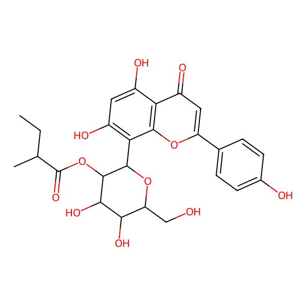 2D Structure of [(2S,3R,4S,5S,6R)-2-[5,7-dihydroxy-2-(4-hydroxyphenyl)-4-oxochromen-8-yl]-4,5-dihydroxy-6-(hydroxymethyl)oxan-3-yl] (2S)-2-methylbutanoate