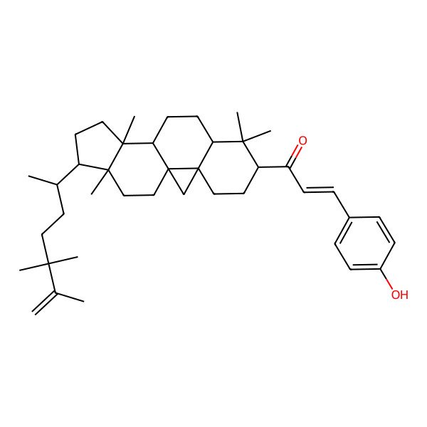 2D Structure of (E)-3-(4-hydroxyphenyl)-1-[(1S,3R,6S,12S,15R,16R)-7,7,12,16-tetramethyl-15-[(2R)-5,5,6-trimethylhept-6-en-2-yl]-6-pentacyclo[9.7.0.01,3.03,8.012,16]octadecanyl]prop-2-en-1-one