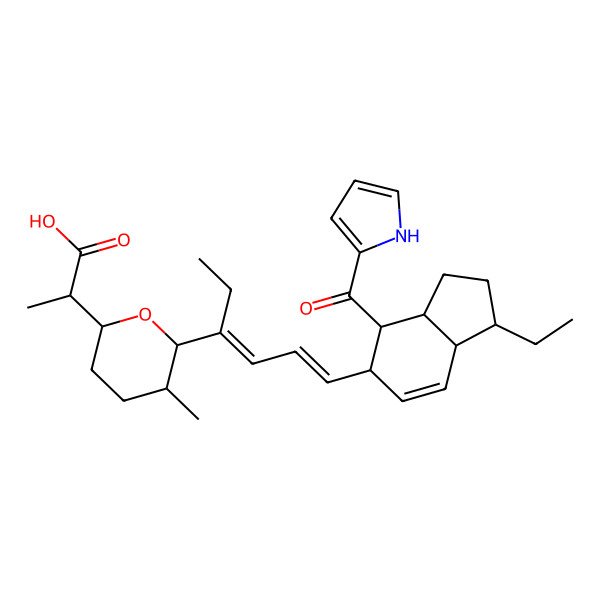 2D Structure of 2-[6-[6-[1-ethyl-4-(1H-pyrrole-2-carbonyl)-2,3,3a,4,5,7a-hexahydro-1H-inden-5-yl]hexa-3,5-dien-3-yl]-5-methyloxan-2-yl]propanoic acid